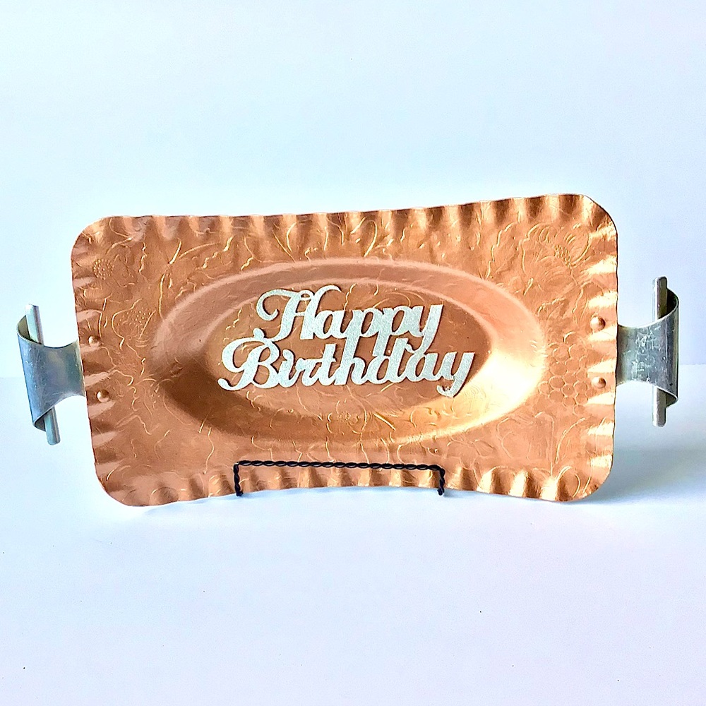 Vintage Aluminum Repurposed Rose Gold Happy Birthday Gift or Party Tray - Picture 1 of 6